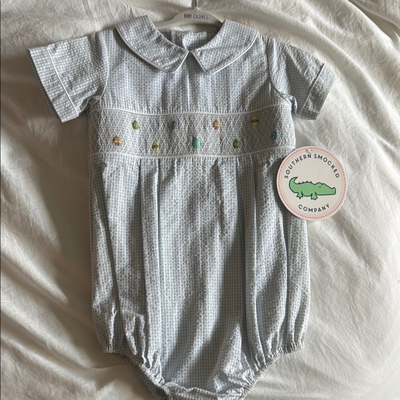 Southern smocked company Blue Easter Bodysuit with Peter Pan Collar - Picture 1 of 4